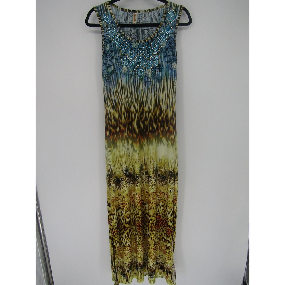 Maxi Dress Medium Mulit Color Animal Print Beaded Boho Beachy Resortwear Festive - Picture 2 of 15
